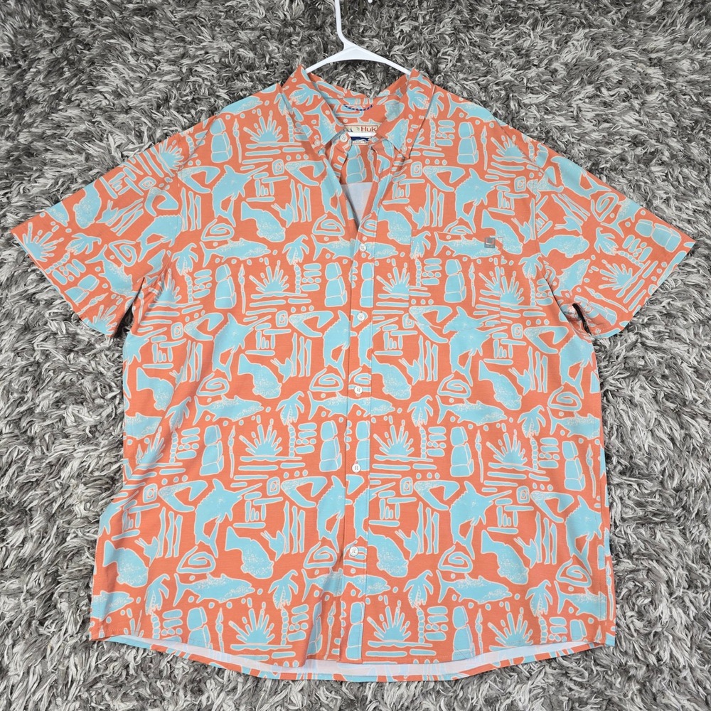 Huk Fishing Shirt Mens 2XL Orange Blue Graphic Fish Print Stretch Button Down